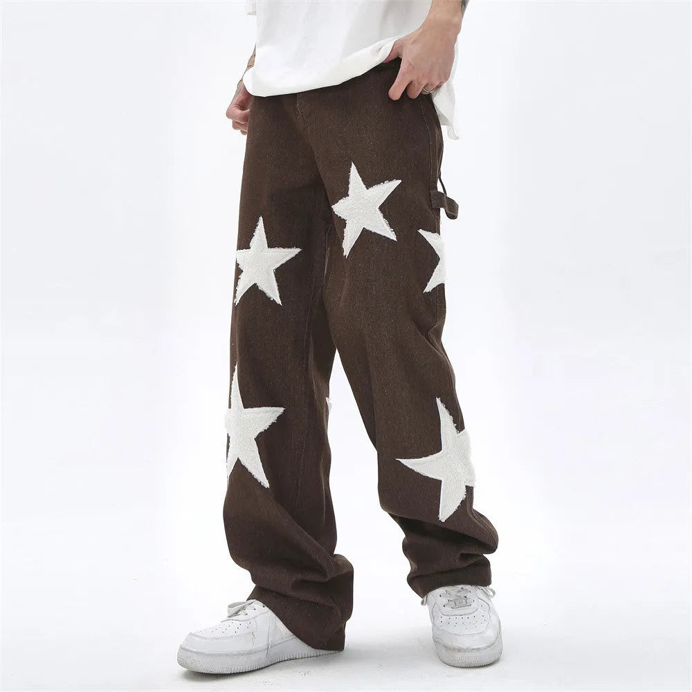 Men's five pointed star flocked embroidered straight tube jeans in black denim