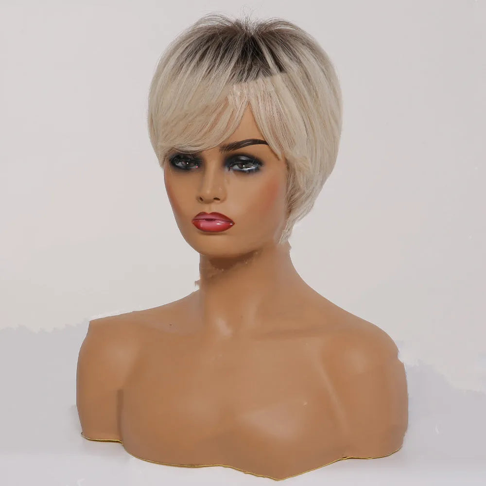 Short straight synthetic wig with ombre blonde colour, brown to gold gradient, 8-inch length and bangs on mannequin head