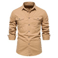 Men's fashion casual solid colour long sleeve cotton shirt in grass green, front view