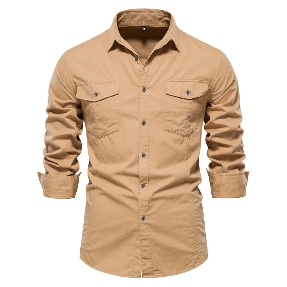 Men's fashion casual solid colour long sleeve cotton shirt in grass green, front view