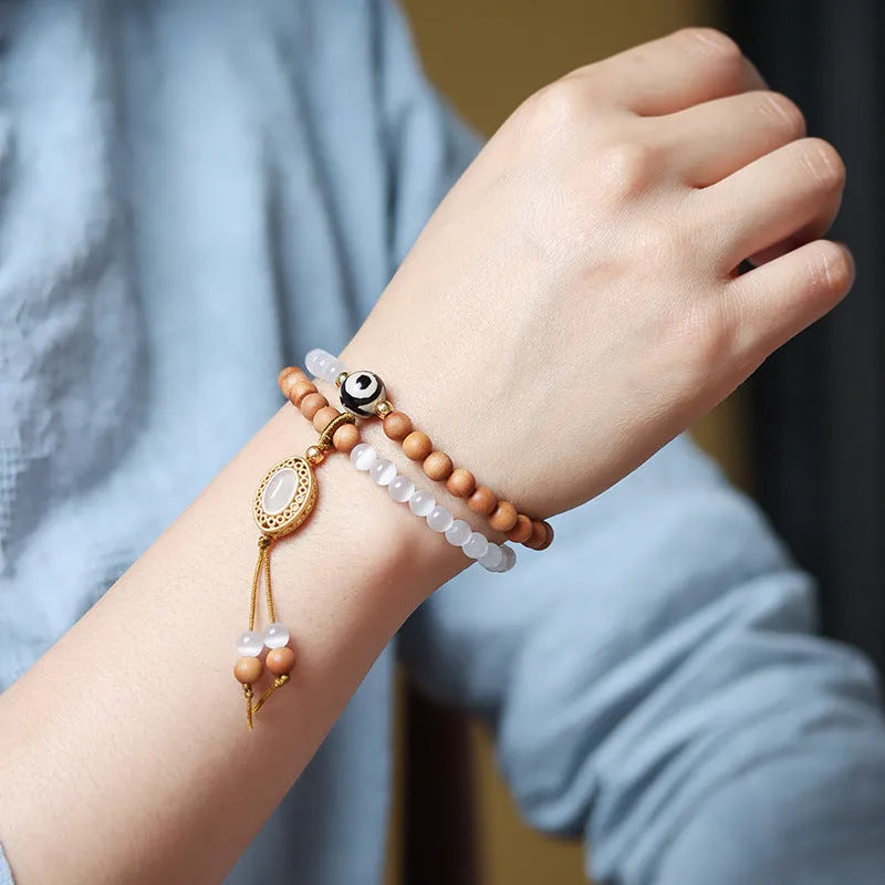 Retro mixed material bracelet with sandalwood opal double ring and Tibetan beads