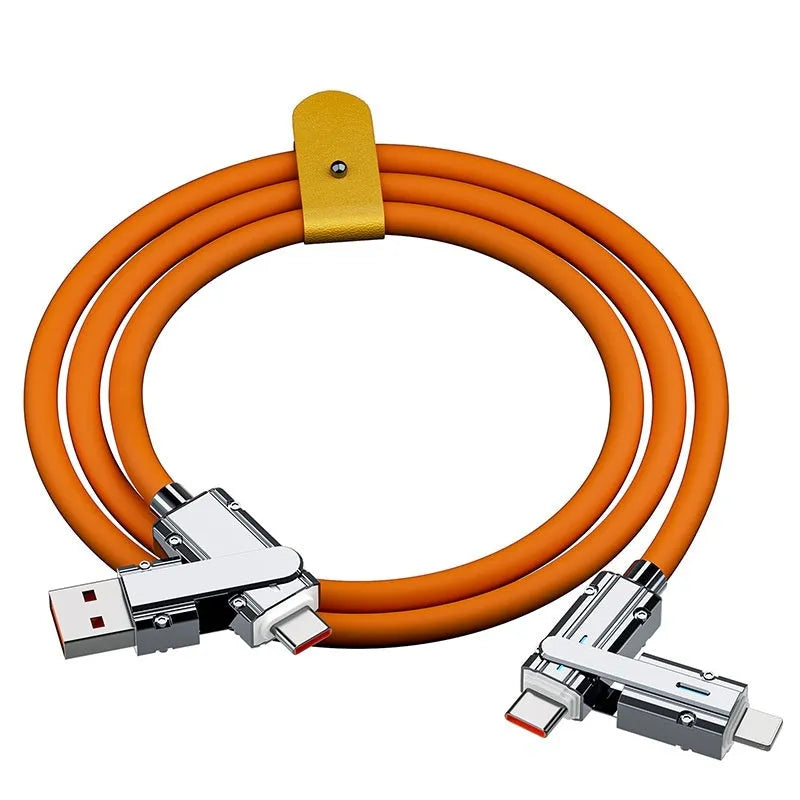 Orange fast-charging cable with Lightning and Type-C connectors, 1 metre long with zinc alloy ends.