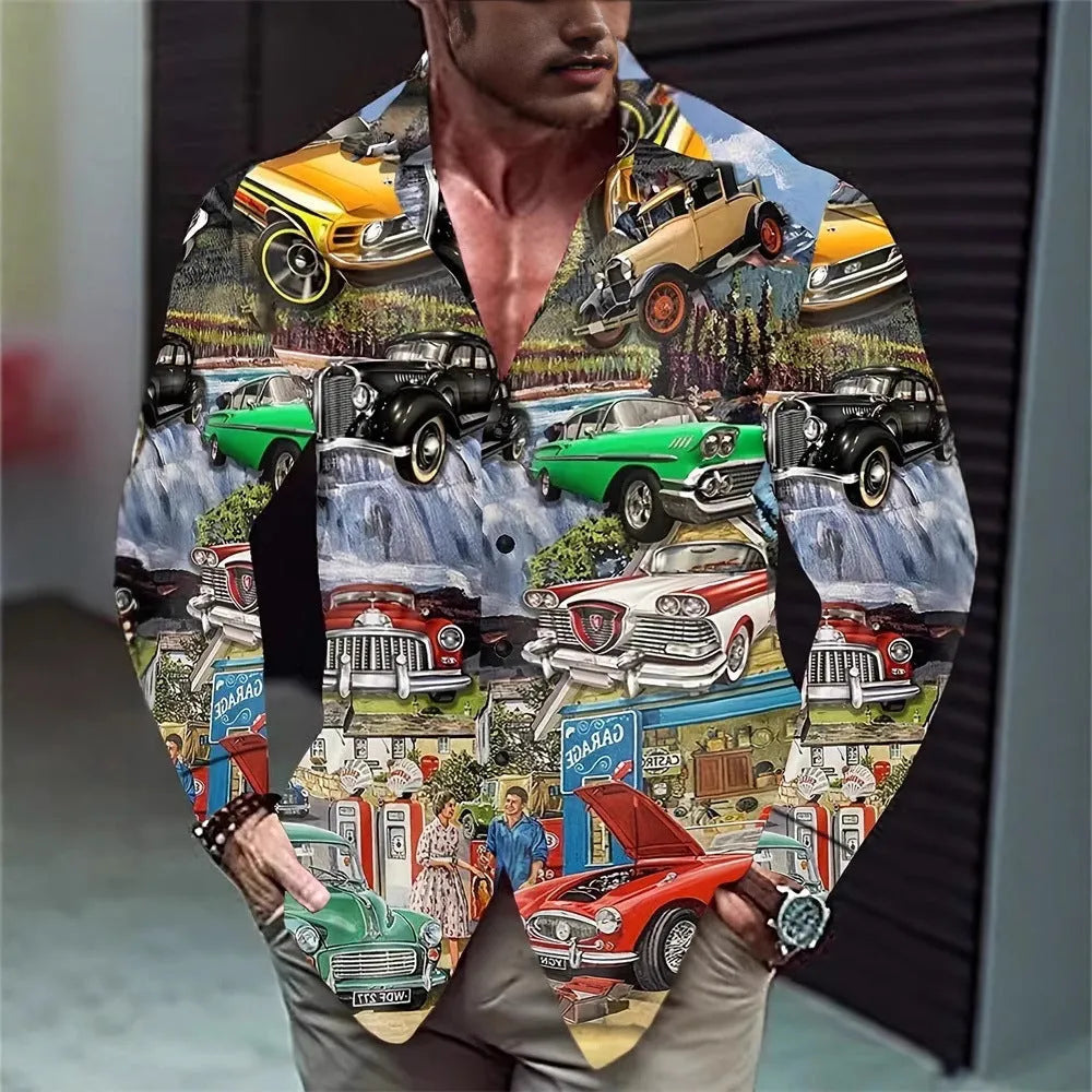 Man wearing a loose-fitting floral print Hawaiian shirt with long sleeves.