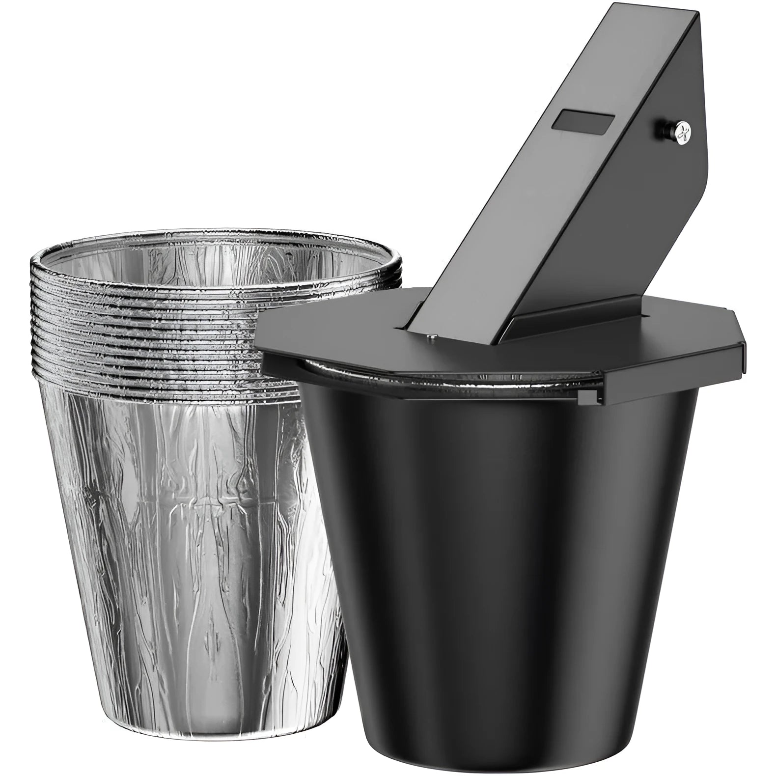Black grease catcher with lid for barbecues, includes disposable tin foil buckets.