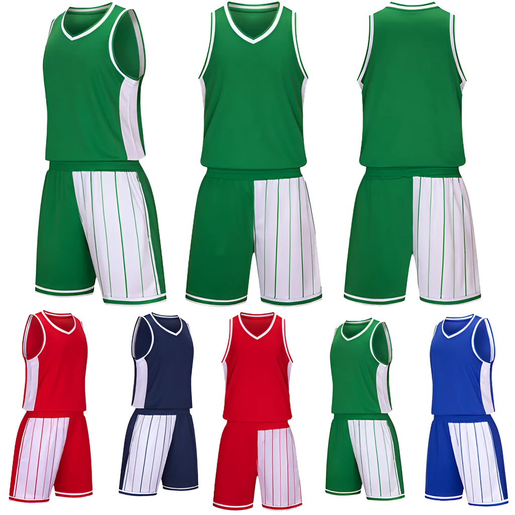 Men's quick-dry basketball uniform set in blue, includes a sleeveless top and matching shorts.