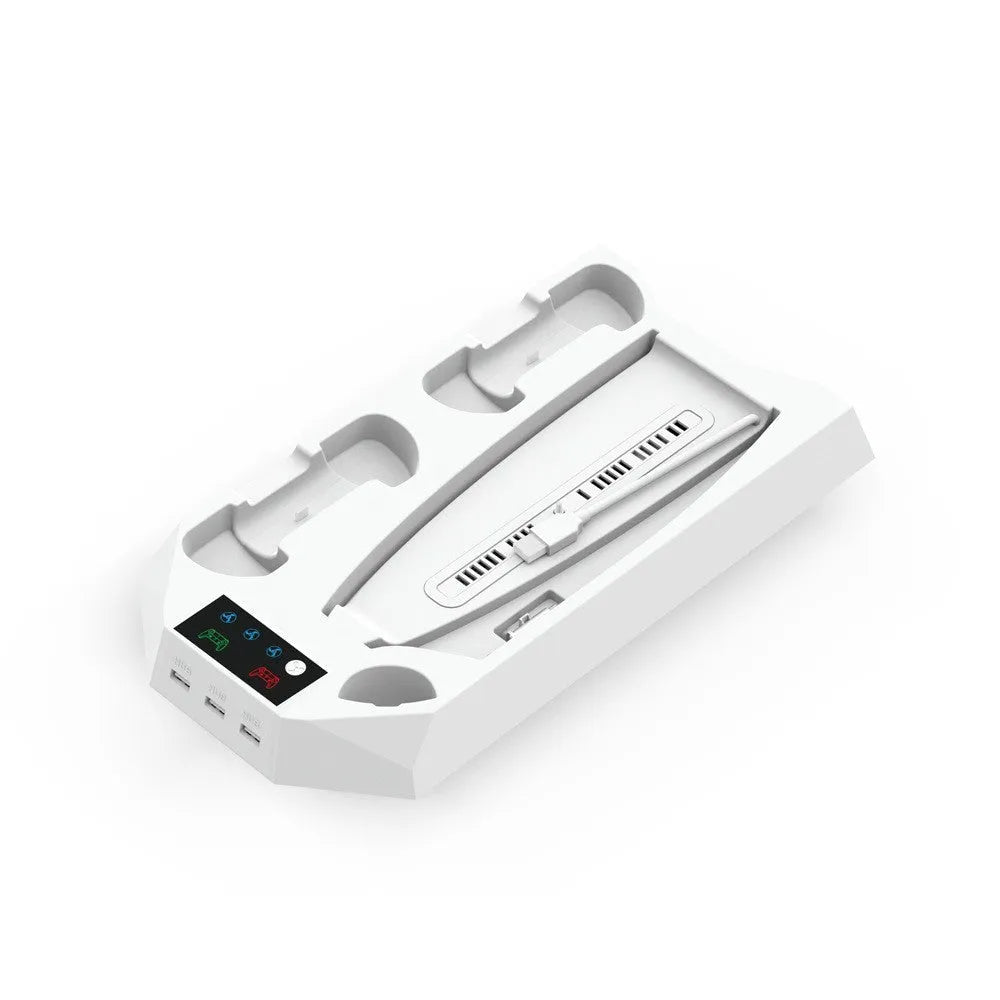 White PS5 charging base dock with two controllers charging and headset storage hook
