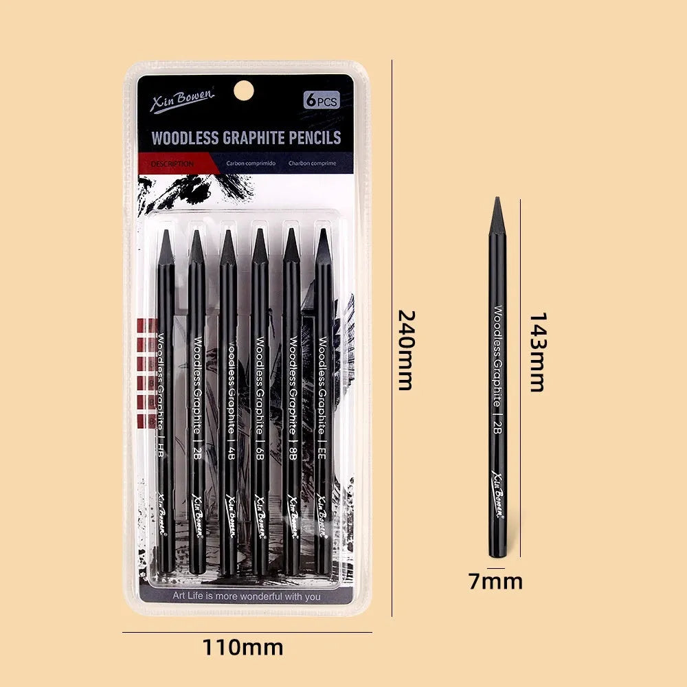 Set of six wood-free graphite sketching pencils in grades HB, 2B, 4B, 6B, 8B, and EE.