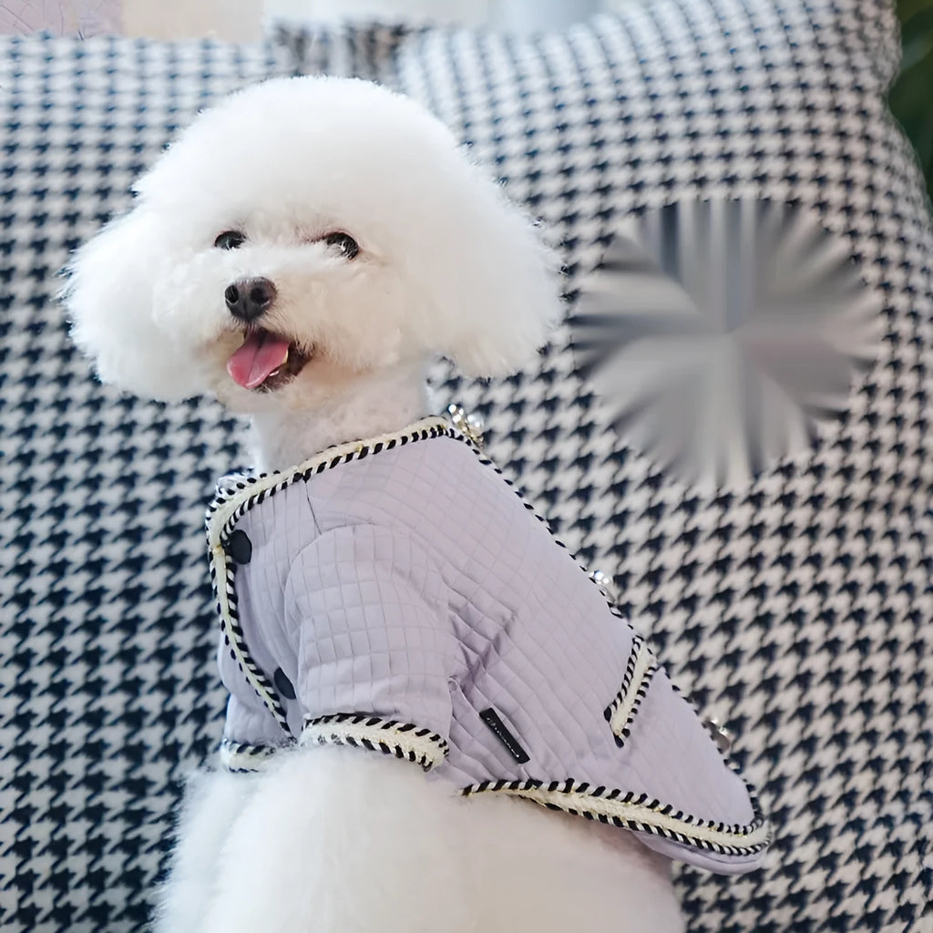 Cartoon-style quilted dog coat in light purple on a small dog.