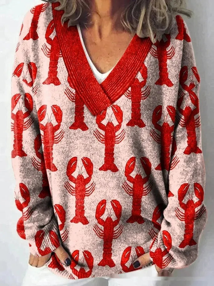 Women's floral pattern printed V-neck sweatshirt with 3D effect and long sleeves in colour E073
