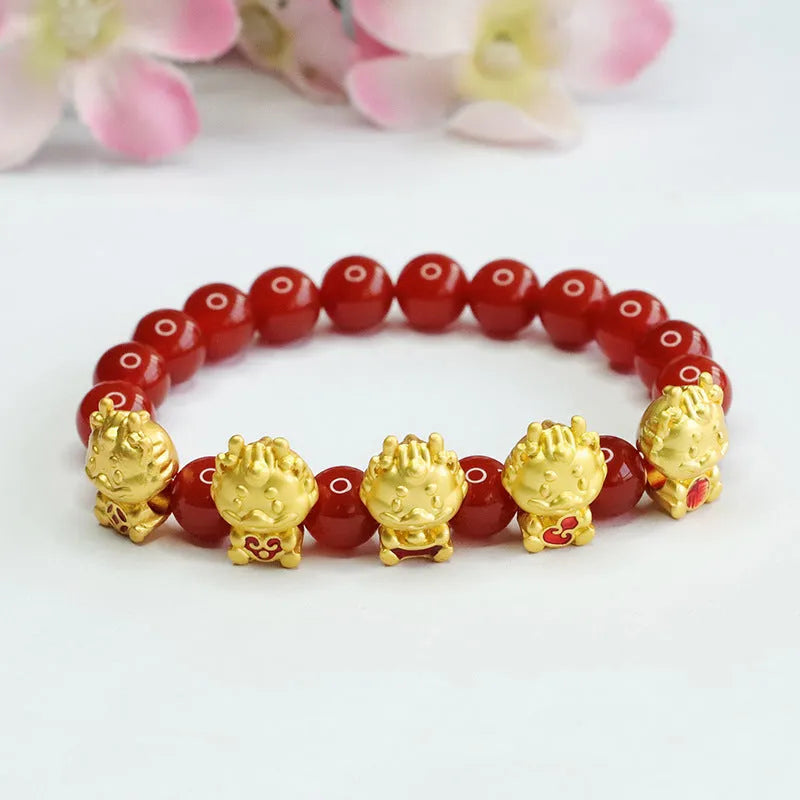 Red agate bracelet with Five Blessing Dragon design, Chinese style spiritual accessory