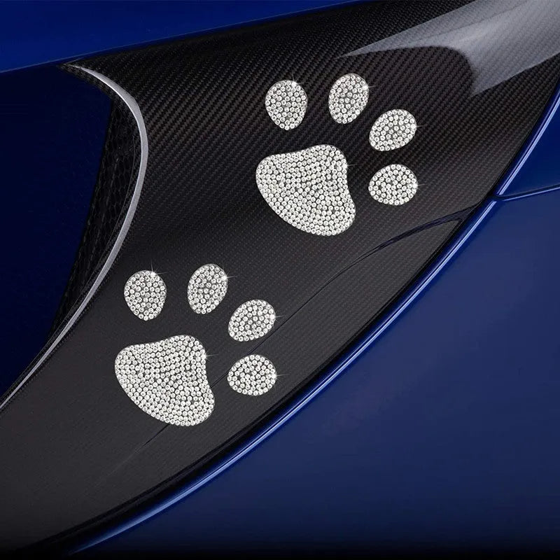 Glass diamond-encrusted car sticker with bear claw and butterfly design, 7 cm by 6 cm.