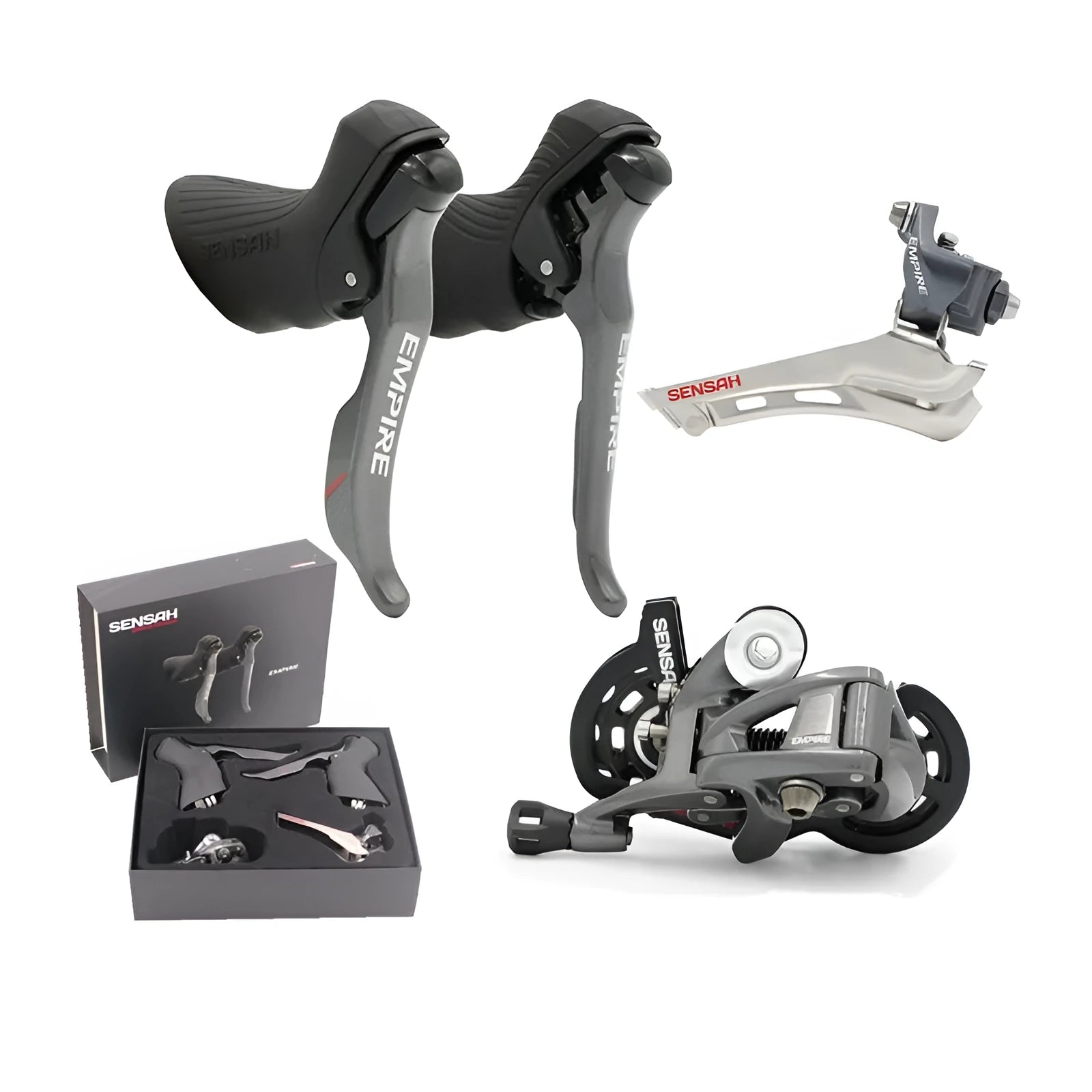 Aluminium road bike transmission kit showing hand change dial, front dial, short leg rear derailleur, chain, and decorative beads.