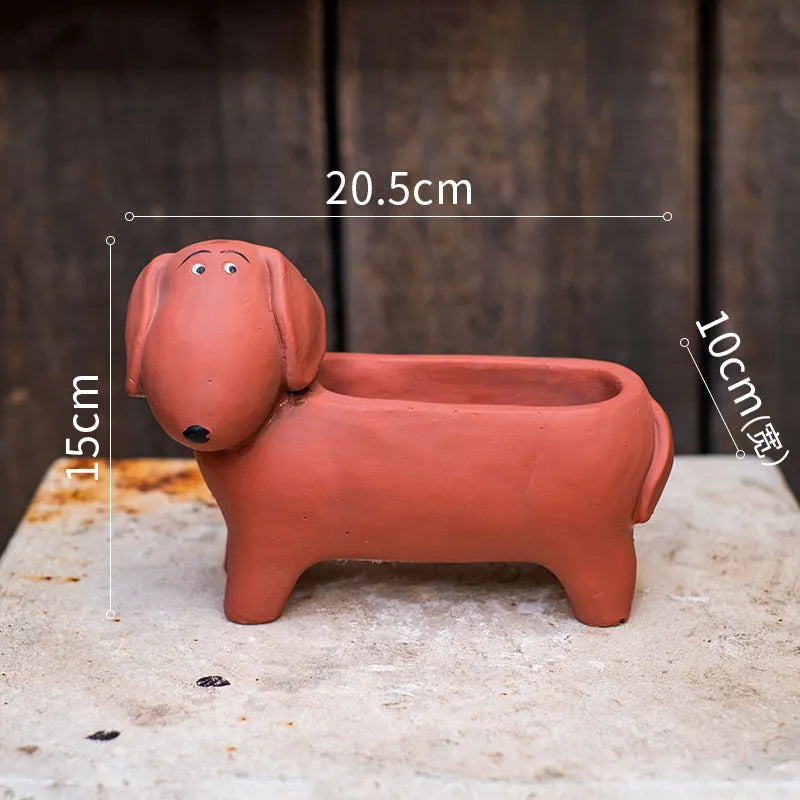 Cement sausage dog flower pot medium size 15x20.5x10cm with drainage hole on floor