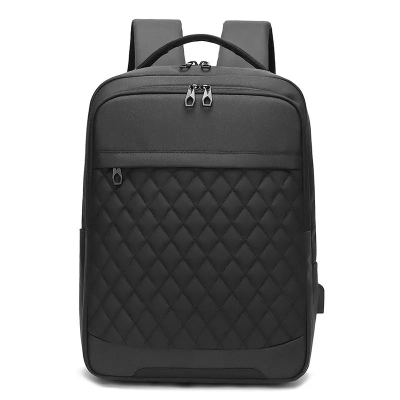 Men's black Oxford cloth travel backpack with curved shoulder straps and diamond mesh back panel
