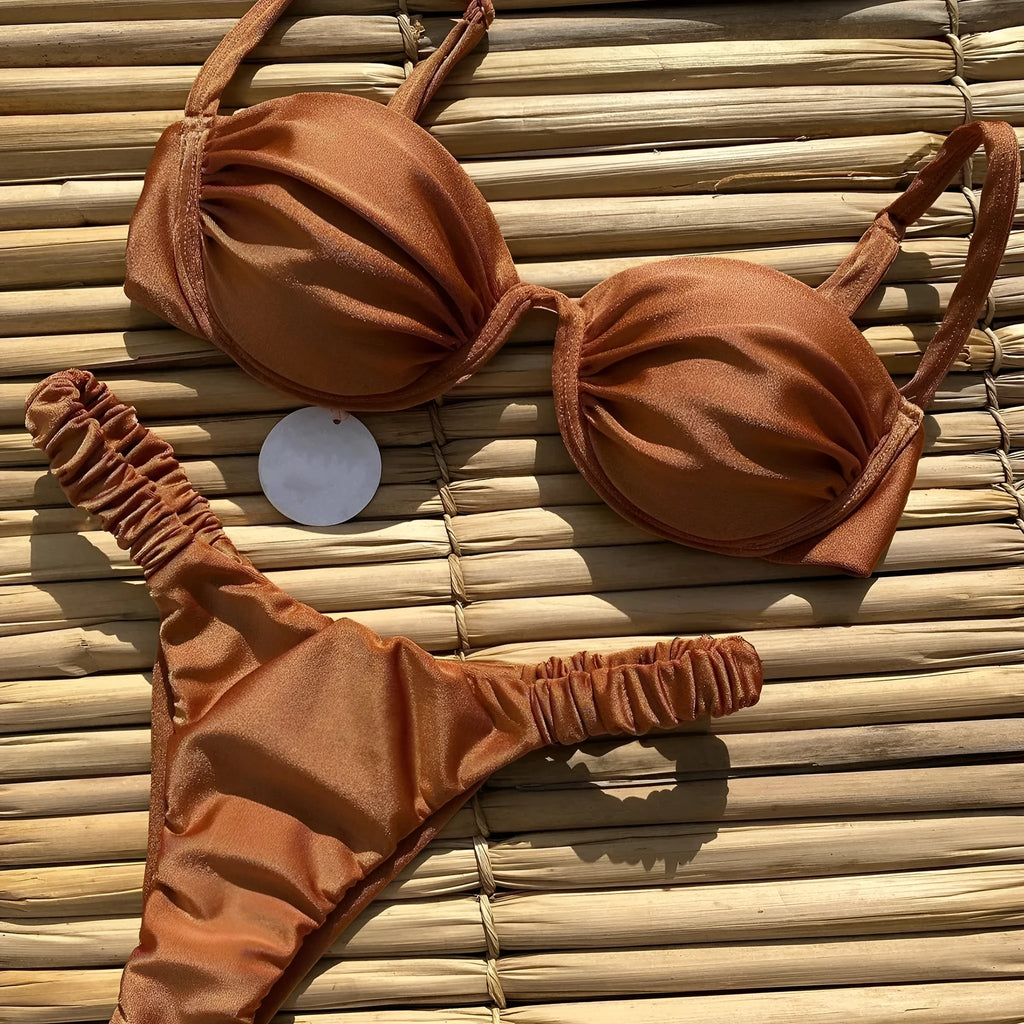 European style women's underwire bikini swimsuit in khaki colour with split briefs design