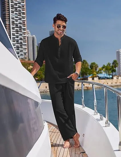 Men's solid colour cotton casual suit with long sleeves and trousers on a hanger.