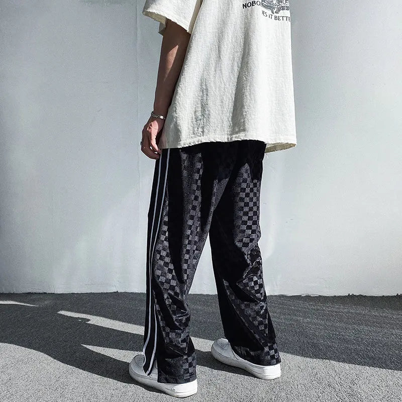 Falling Sense straight loose fit wide leg casual polyester trousers in grey, front view