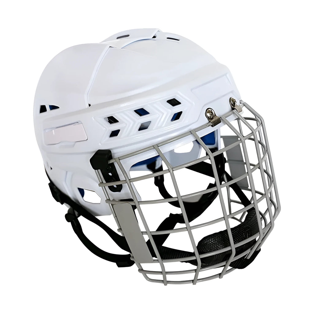 Ice hockey helmet with carbon steel face mask for head protection in S, M, L, XL sizes