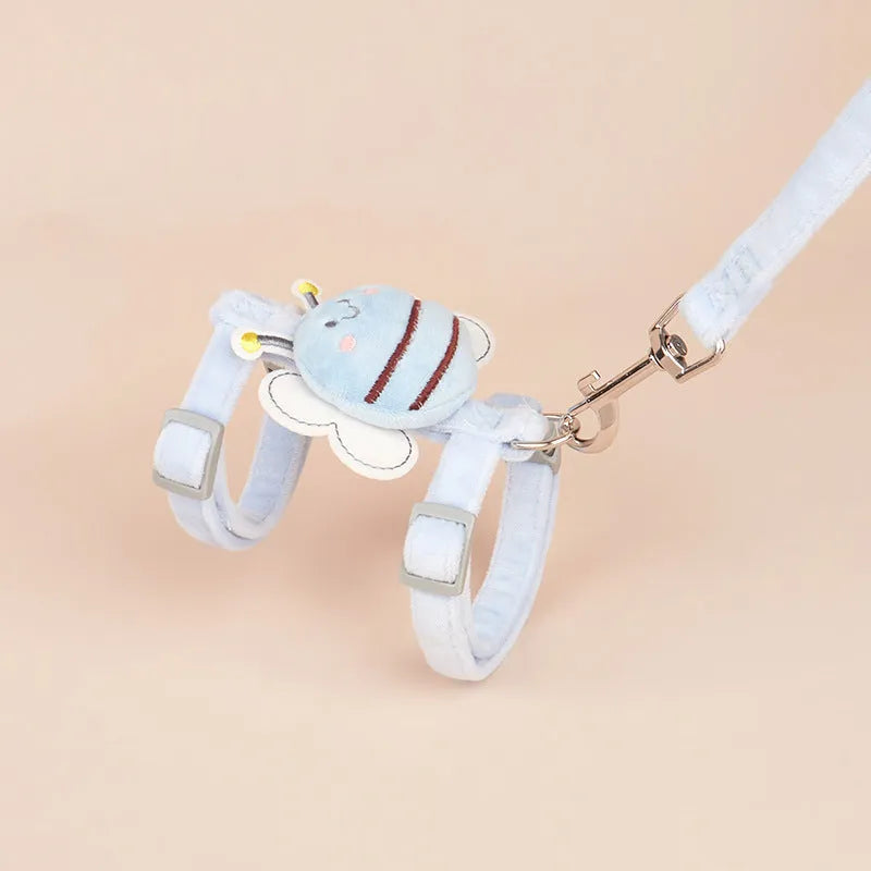 Colourful bee-shaped adjustable cat leash and harness set in pink, yellow, or blue.