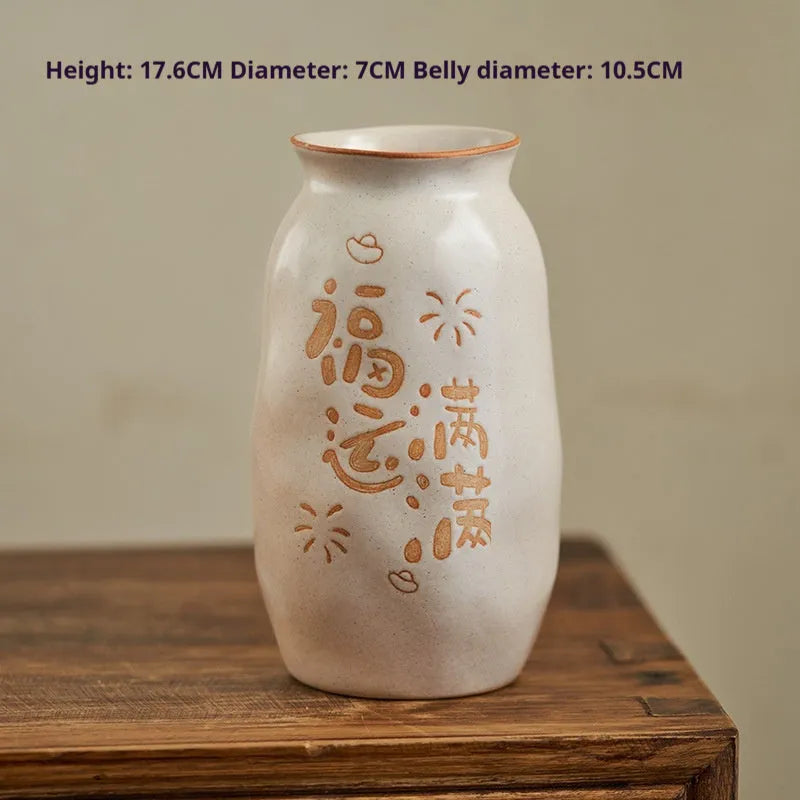 Chinese hand-painted ceramic joy vase with traditional carving on 8cm base