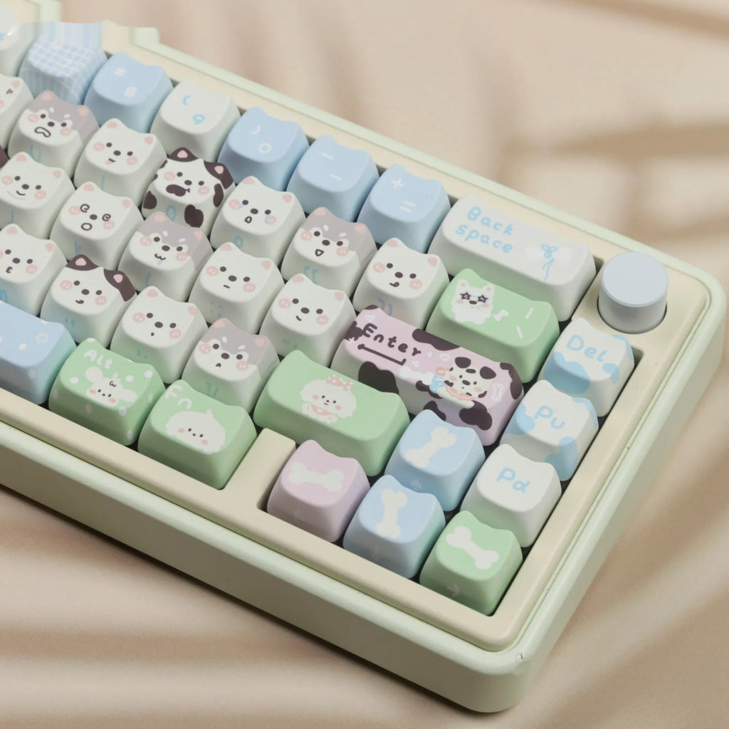Full set of PBT keycaps for mechanical keyboards with colourful sublimation printed cat and puppy designs