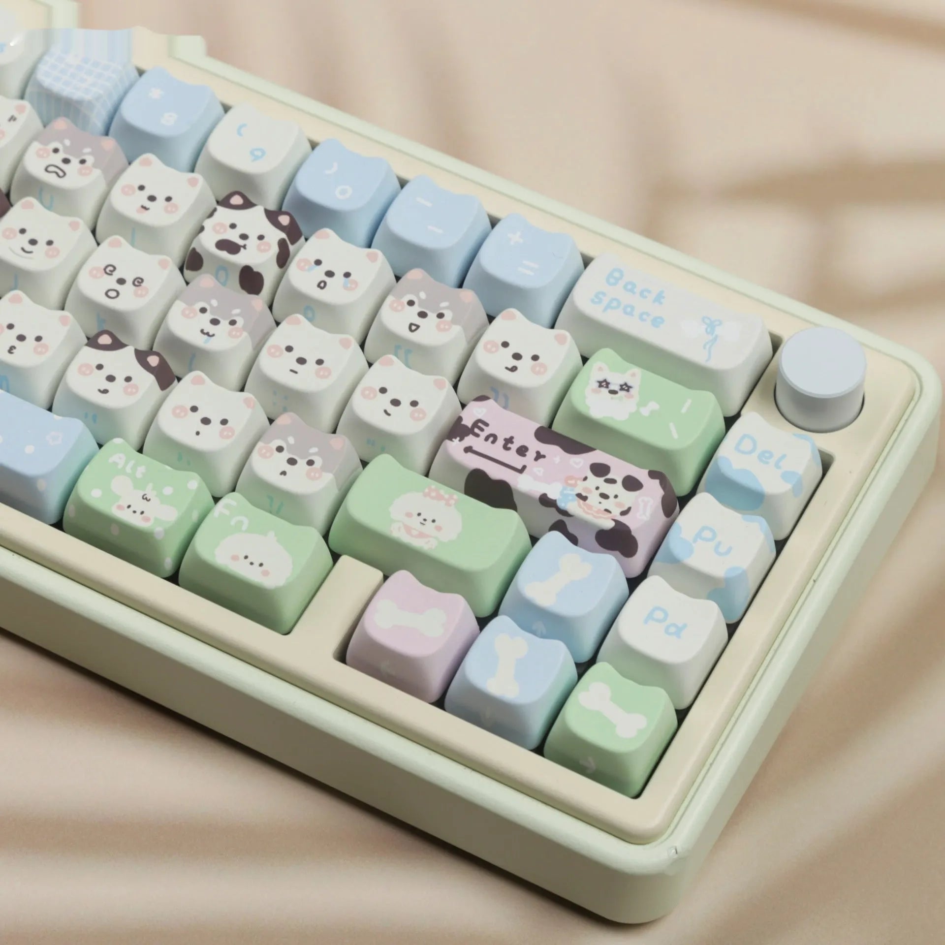 Full set of PBT keycaps for mechanical keyboards with colourful sublimation printed cat and puppy designs