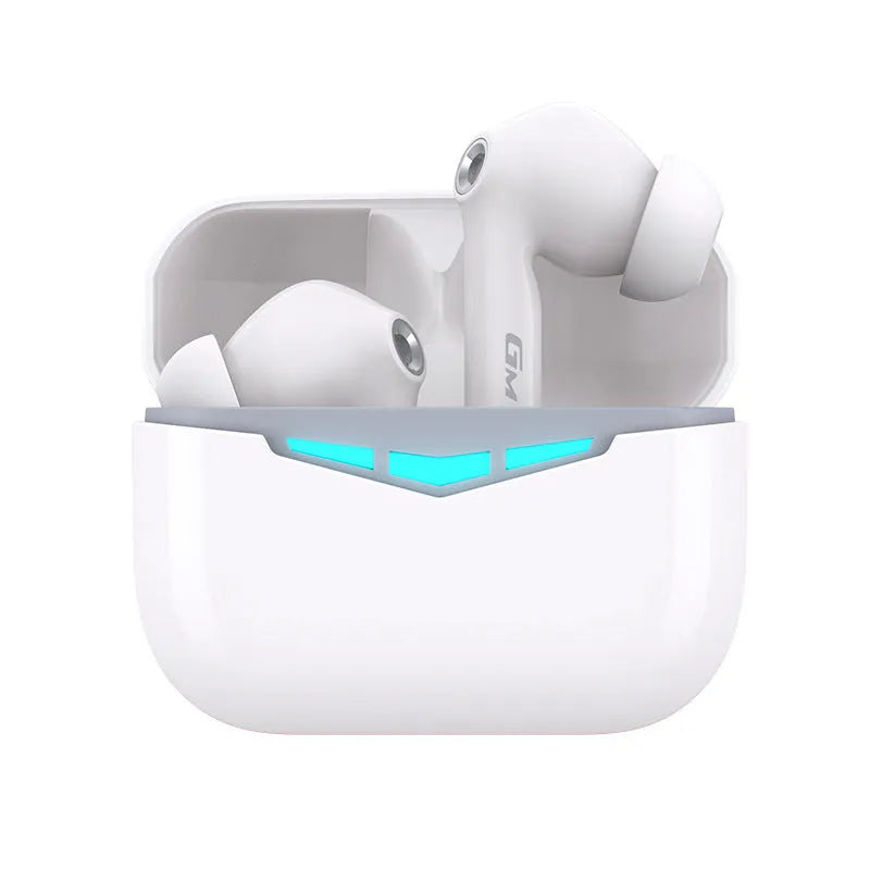 True wireless gaming headset in charging case with multiple coloured silicone ear tips.
