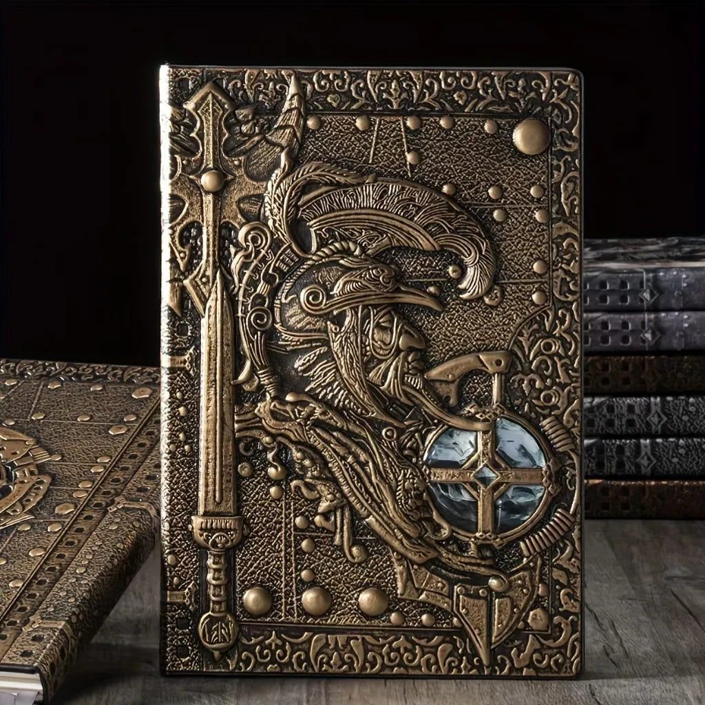 Creative retro A5 leather notebook with 3D warriors relief embossed cover, shown open on durable paper pages.