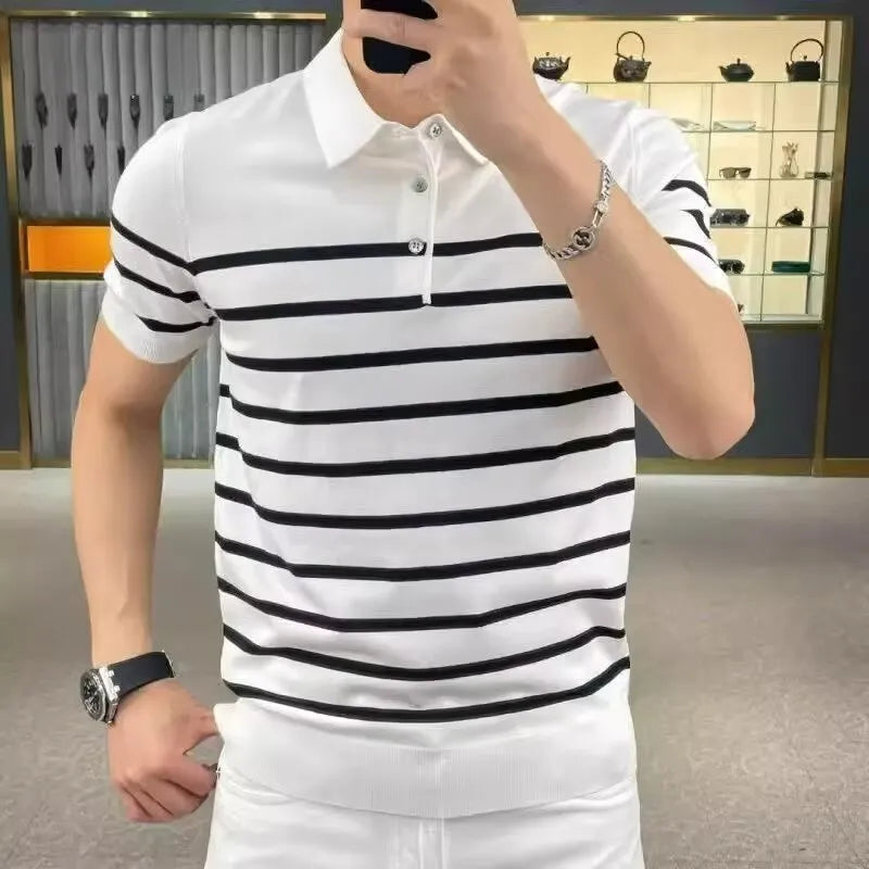 Striped lapel knitted T-shirt in polyester blend available in black or white colours