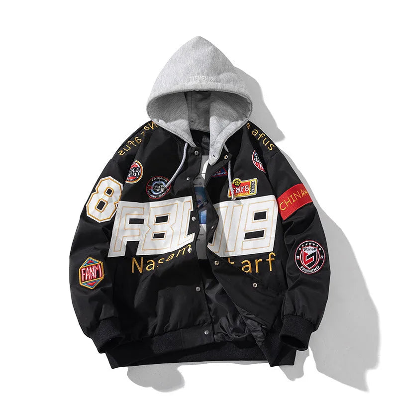 American motorcycle baseball uniform jacket in black, red, or blue with removable hood and cotton-padded lining