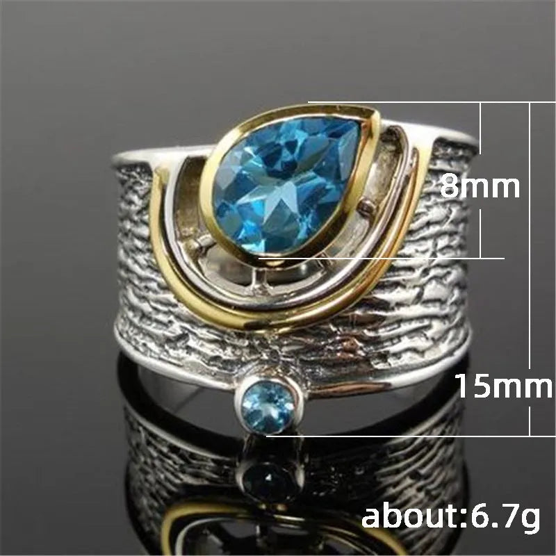Women's blue zircon drop shape ring with Chinese style design and alloy construction