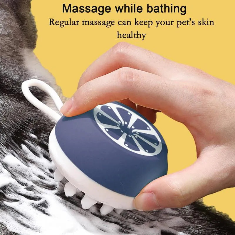 Blue 3-in-1 dog shampoo brush with silicone massage head and non-slip handle for bath time.
