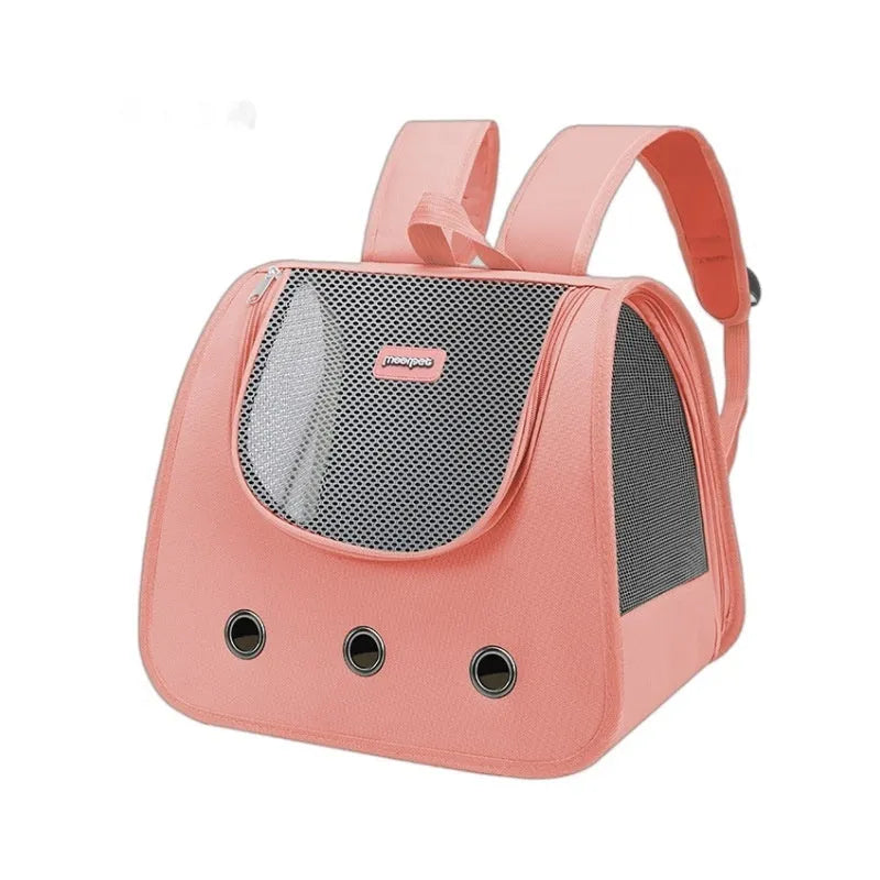 Light blue Oxford fabric cat backpack carrier with mesh panel, shown on a person's back.