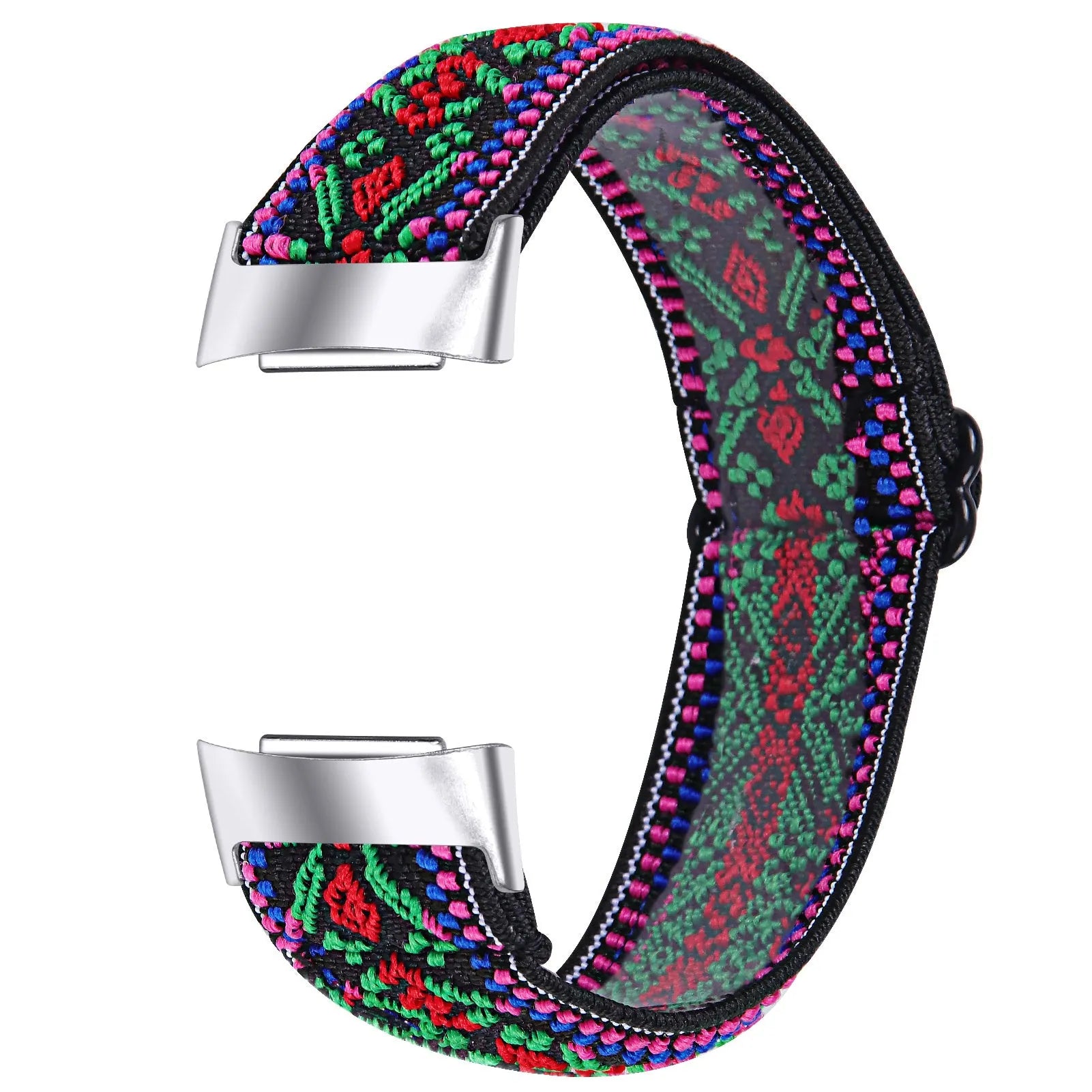 Printed elastic replacement watch strap compatible with Fitbit Charge 6, shown in an adjustable length.