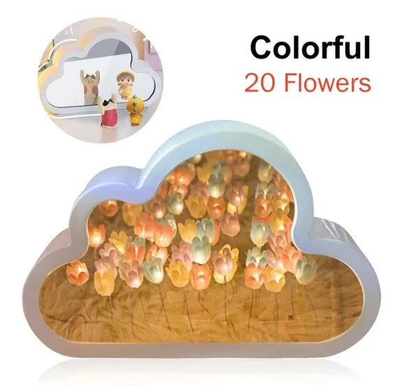 DIY cloud tulip decorative night lamp with LED lights and mirror surface for bedroom or desk