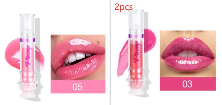 Tube of lip gloss showing shiny finish, available in six different colour shades.