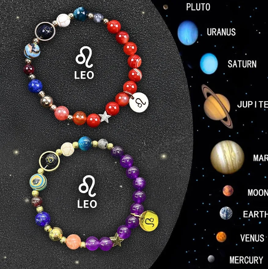 Two natural stone beaded bracelets displaying zodiac symbol charms on a neutral background.
