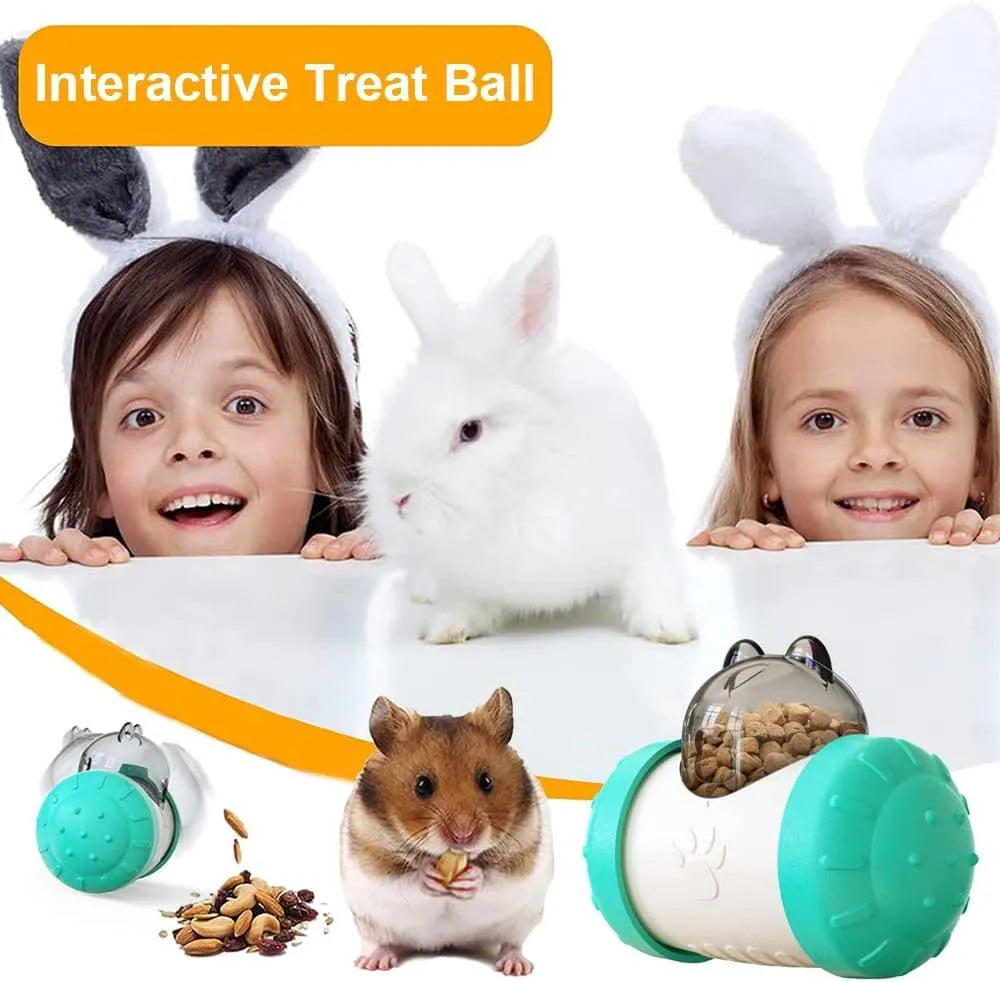Interactive treat dispensing dog toy in green, self-standing tumbler design for slow feeding, food-grade ABS material