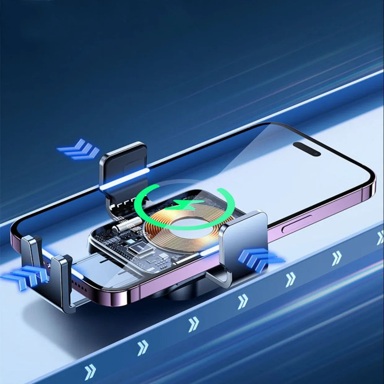 Black car wireless charging phone holder mounted on air vent with automatic opening mechanism