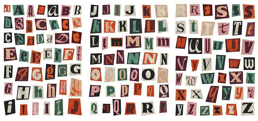 Sheet of cute style decorative stickers showing printed English alphabet letters and weekly words.