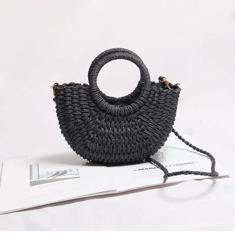 Seaside Vacation Beach Mini Straw Bag in dumpling shape with woven texture and open pocket, available in multiple colours