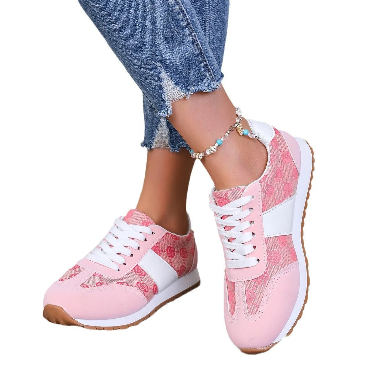 Women's oversized casual shoes with flower lace-up design in khaki colour showing cross strap detail