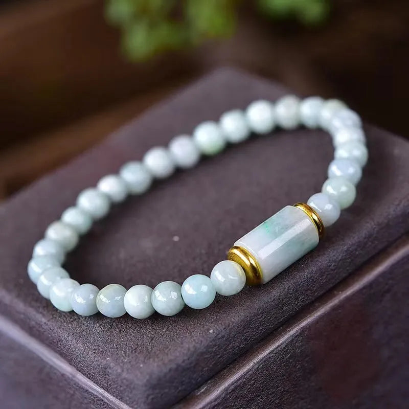 Myanmar natural jade round ice bead bracelet with geometric beads and emerald green colour