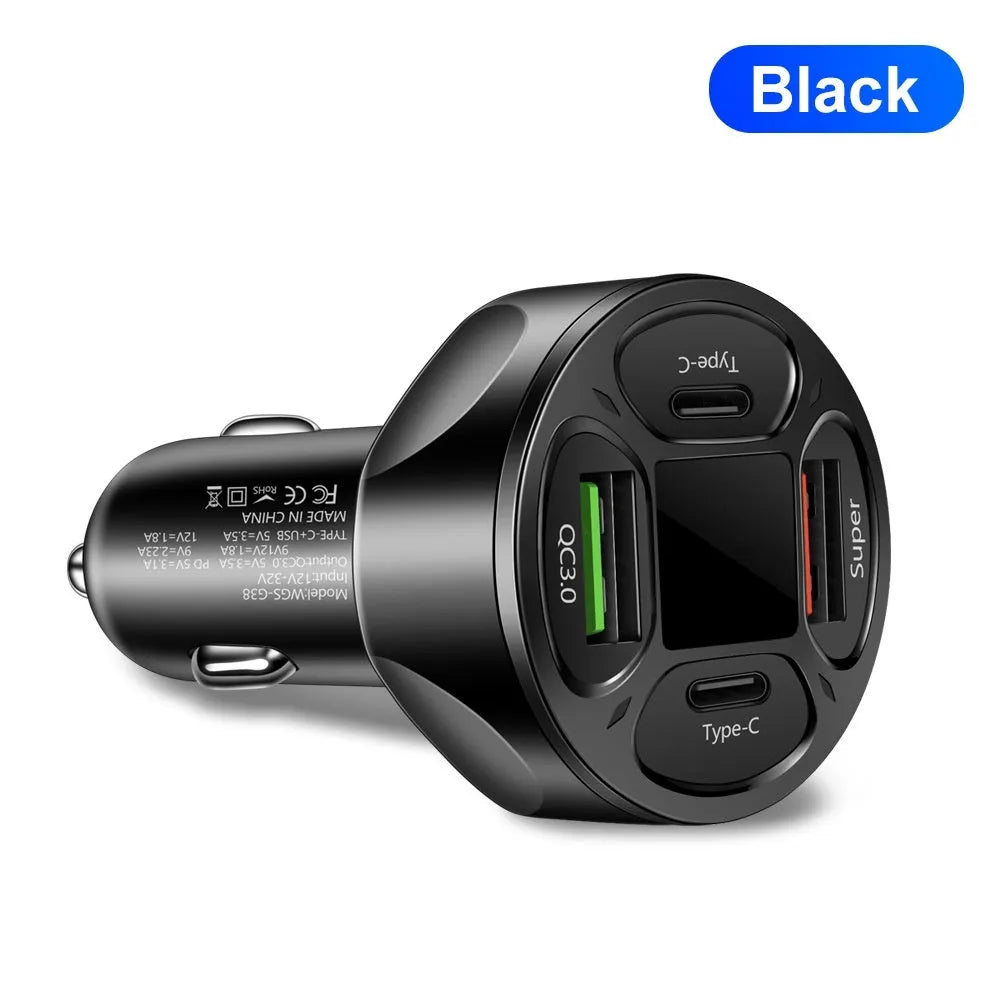66W black digital display car charger with two USB and two Type-C ports for fast charging