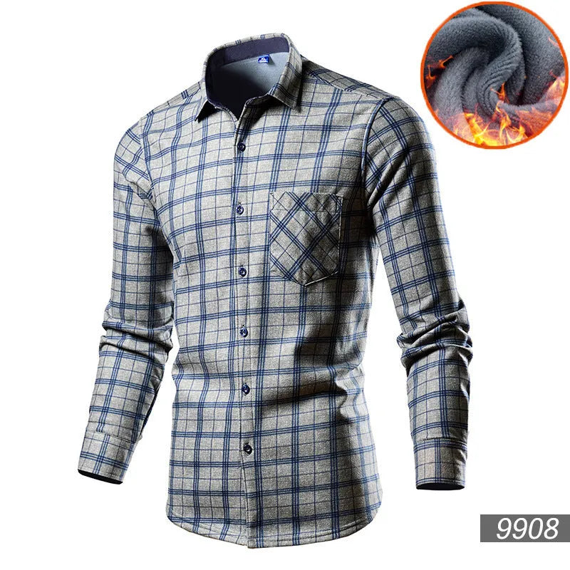 Men's loose-fitting fleece-lined cotton blend cardigan shirt in a solid colour