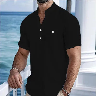 Men's linen stand collar short sleeve shirt in loose fit with solid colour