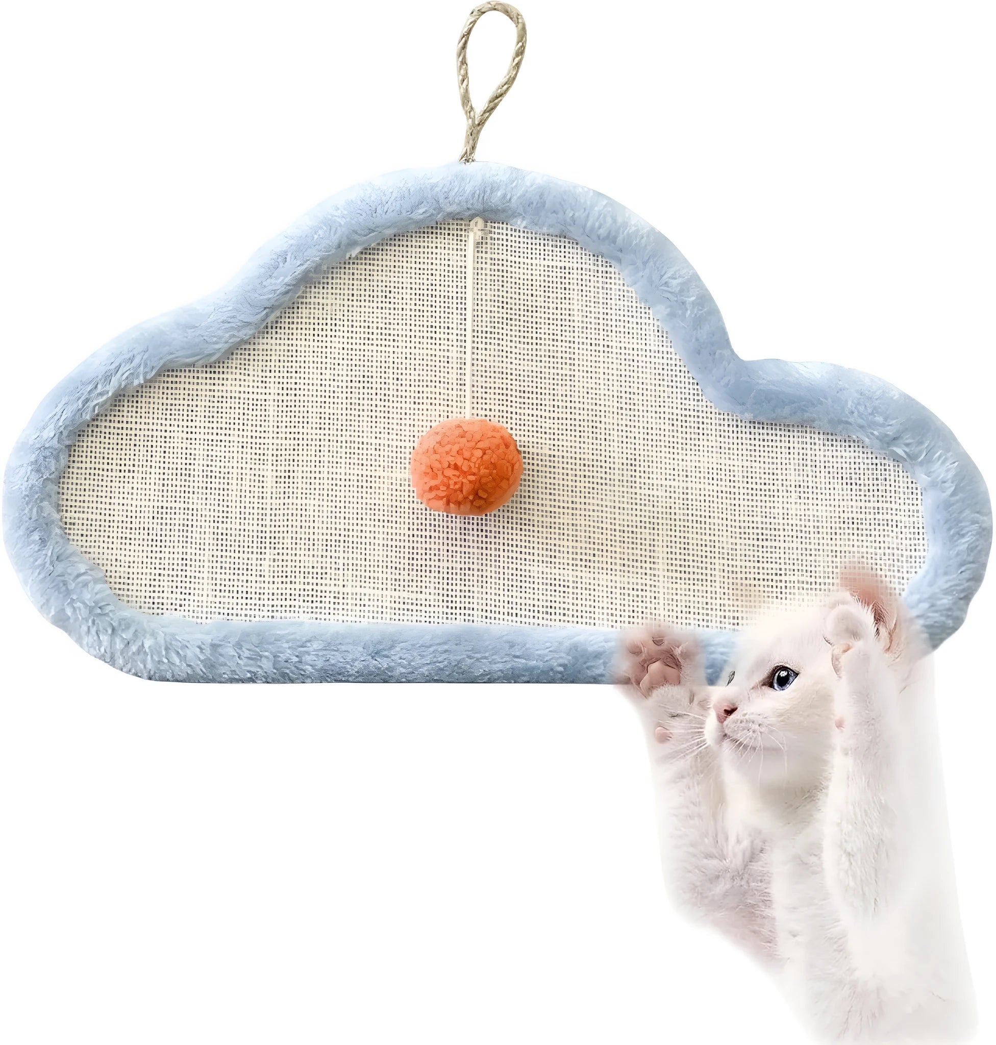 White cat scratching mat with cartoon sleeping cat design, made from natural sisal, shown on a wall.