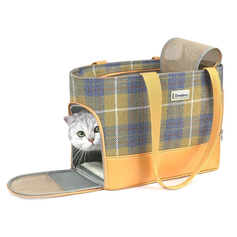Breathable capsule-style pet backpack measuring 42cm long in beige brown colour