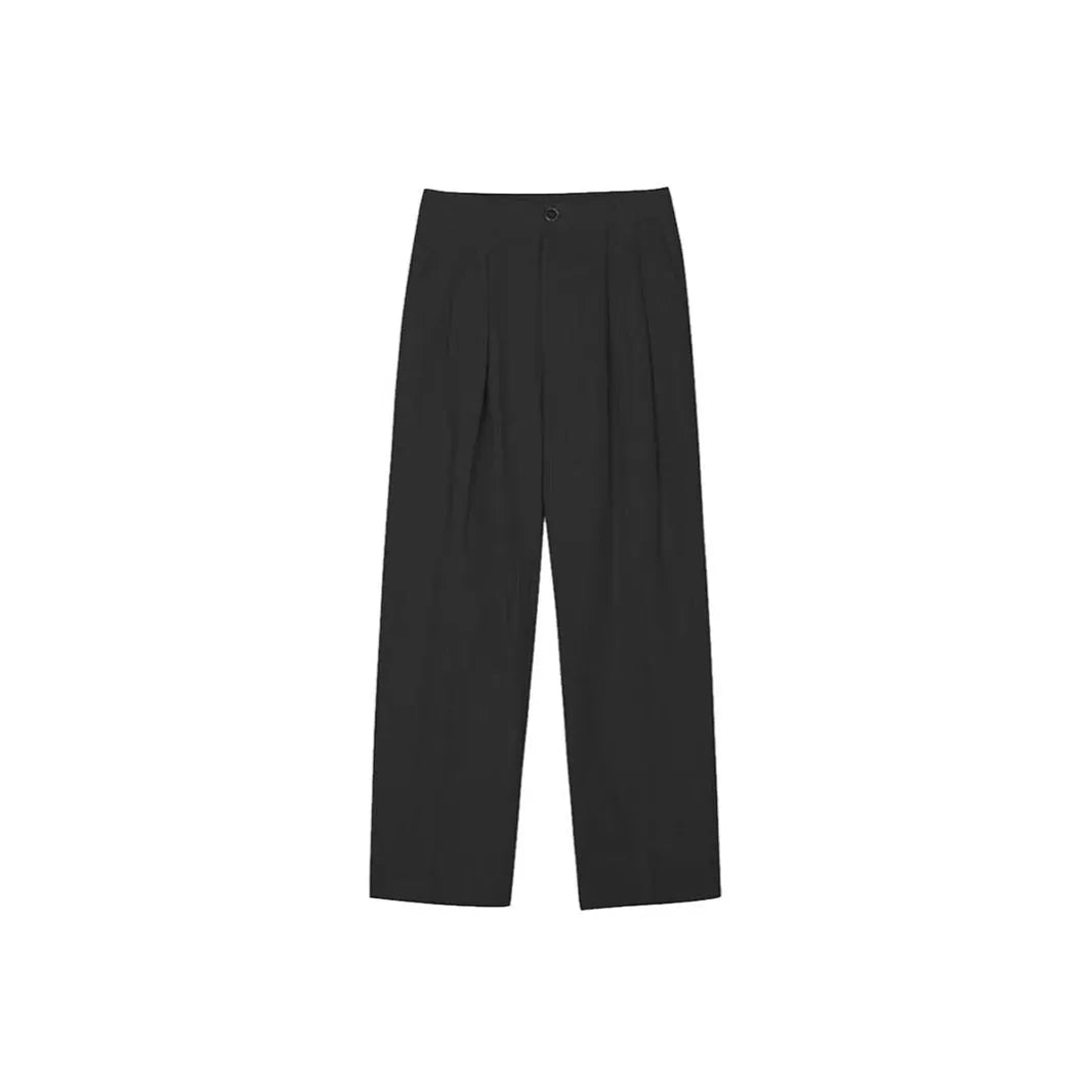 Men's light-weight apricot wide-leg cotton linen trousers with a non-iron finish on a hanger.