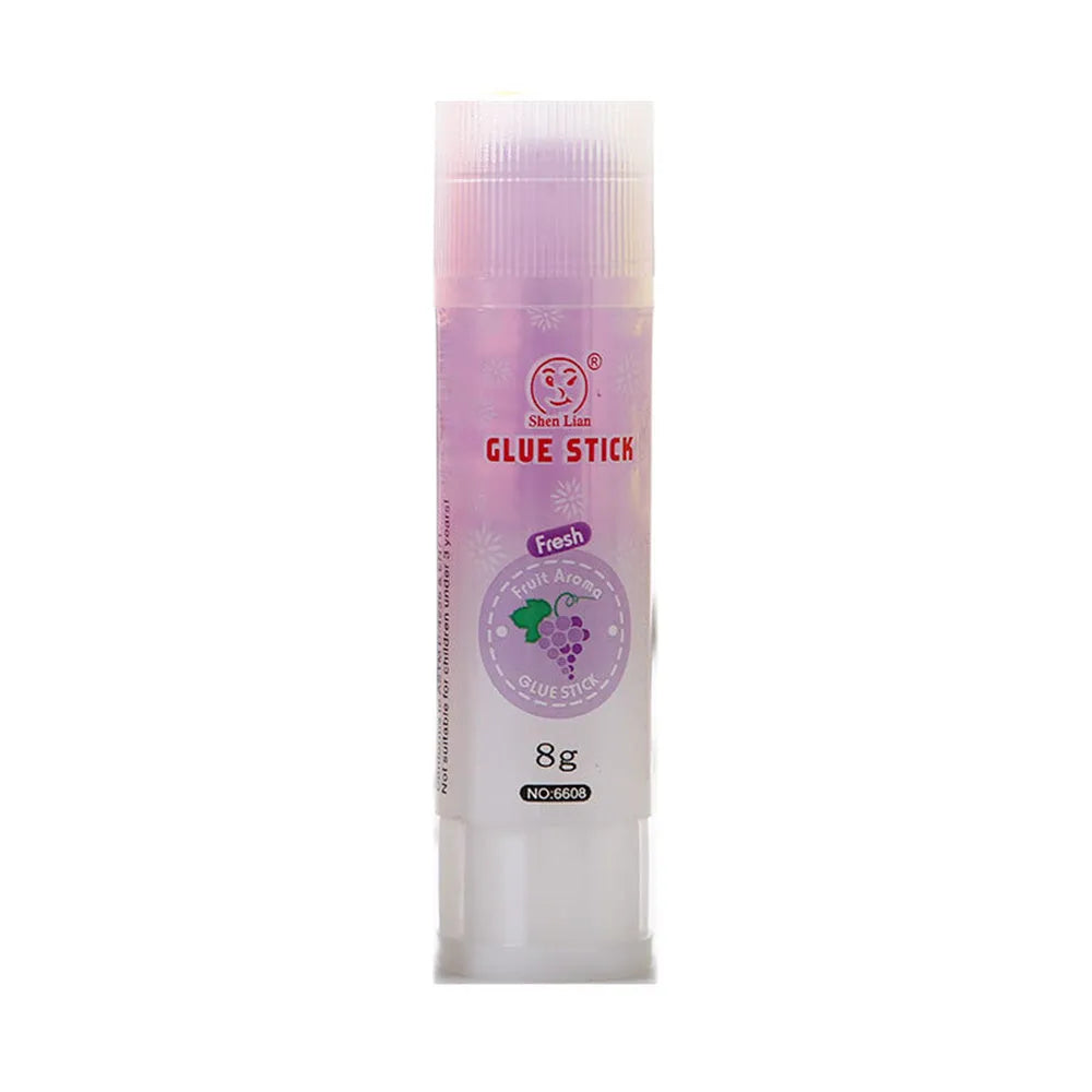 Two fruit-printed jelly solid glue sticks showing random colours and compact 8.5 cm size